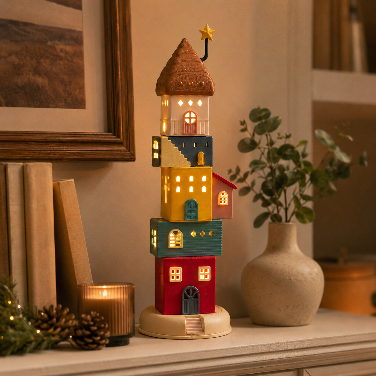 🏠 Whimsical Rotating Light-Up House Tower