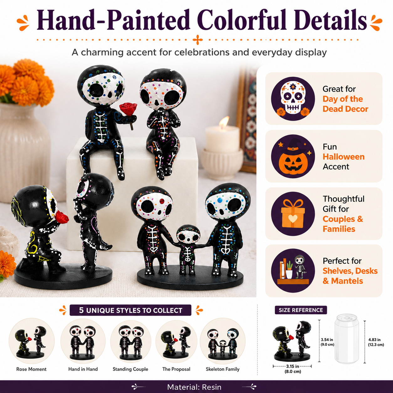 Day of the Dead Skeleton Figurines, Colorful Resin Couple & Family Decorations