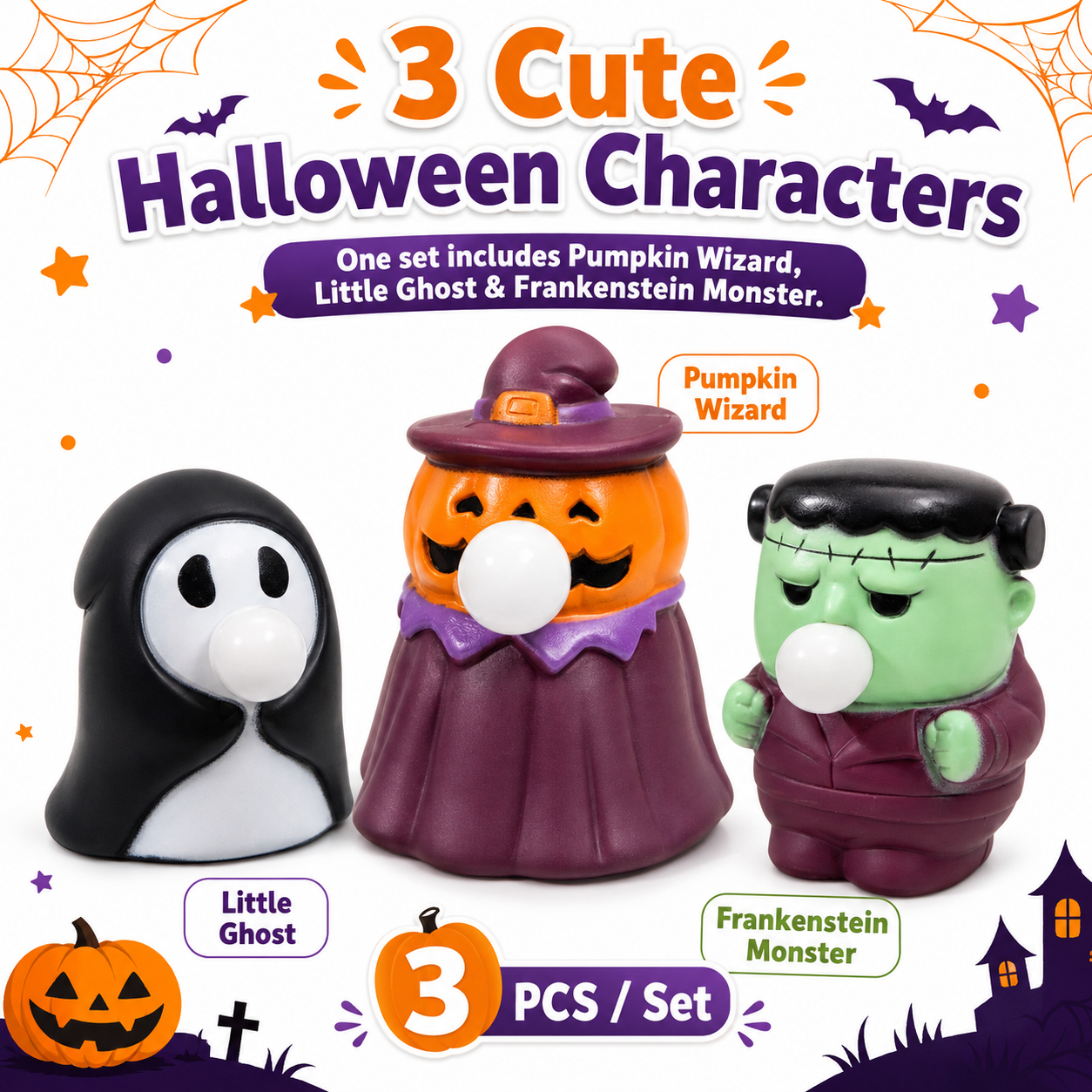 3 Pack Halloween Squeeze Bubble Toys, Cute Pumpkin Ghost Frankenstein Stress Relief Toys