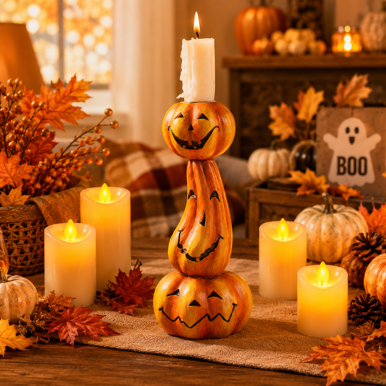 Stacked Jack-O’-Lantern Pumpkin Candle Holder - 6.9 Inch Halloween Resin Candlestick Decor