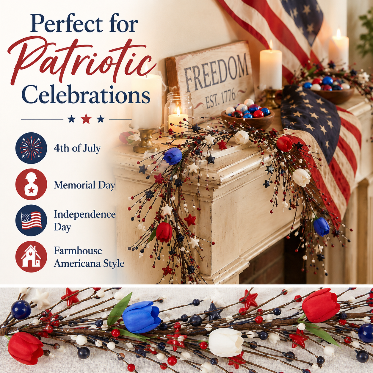 Patriotic Red White Blue Pip Berry Garland with Stars
