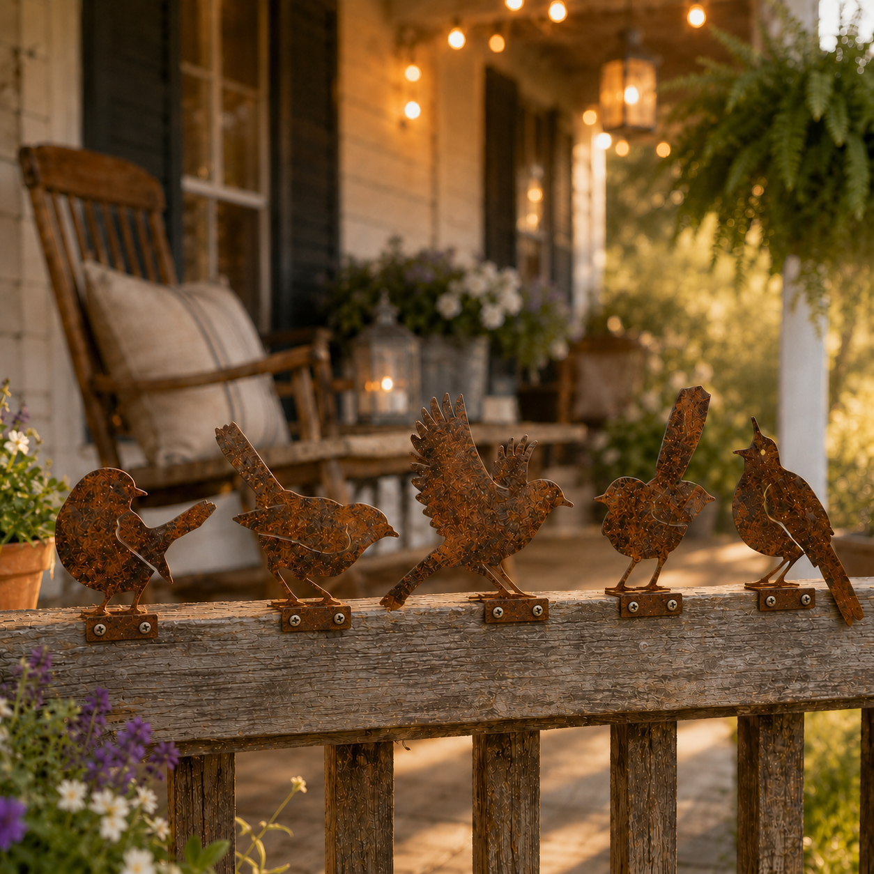 5-Piece Rustic Metal Bird Fence Toppers 