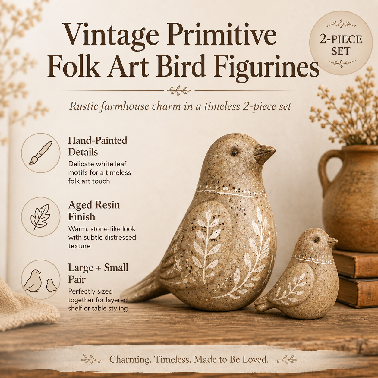 Vintage Primitive Folk Art Bird Duo