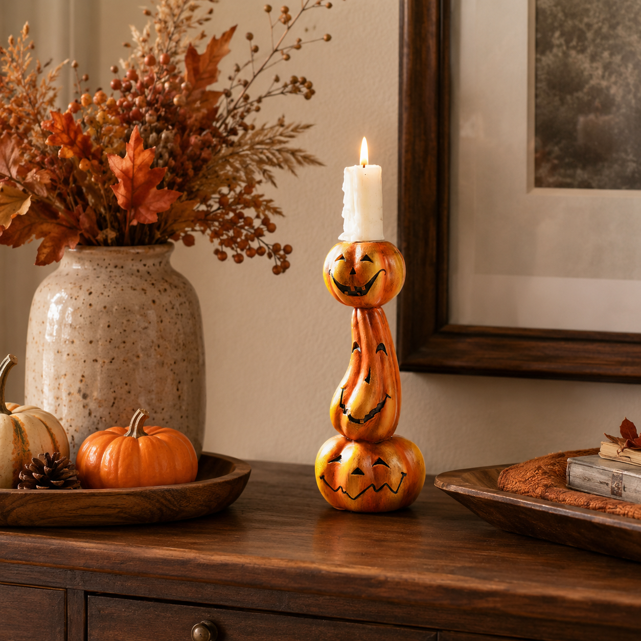 Stacked Jack-O’-Lantern Pumpkin Candle Holder - 6.9 Inch Halloween Resin Candlestick Decor