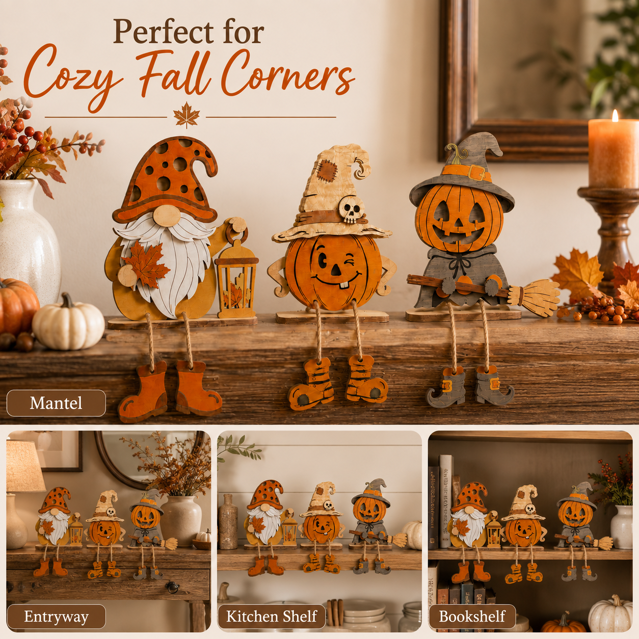 3-Piece Wooden Fall & Halloween Dangling-Leg Shelf Sitter Set