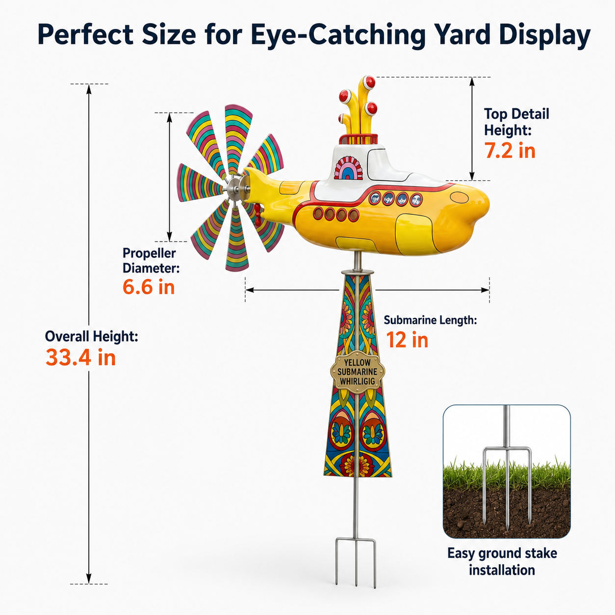Yellow Submarine Garden Whirligig Wind Spinner Stake, 33.4 Inch Outdoor Yard Windmill Decoration with Colorful Propeller