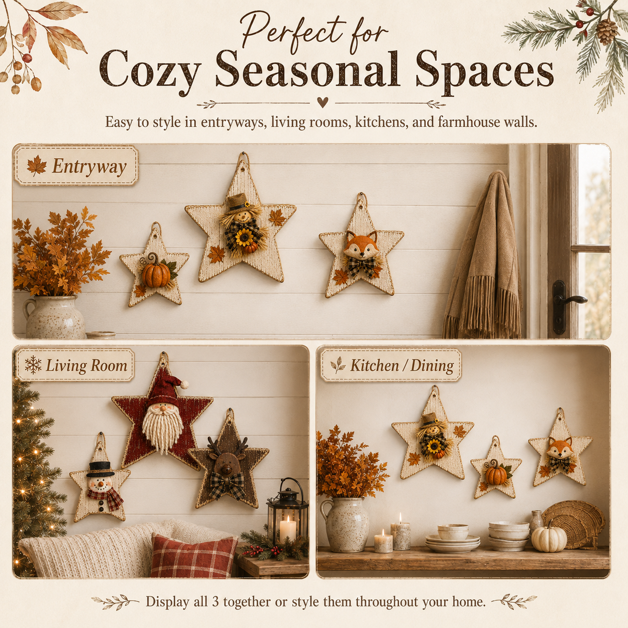 Rustic Seasonal Star Wall Decor Set – 3-Piece
