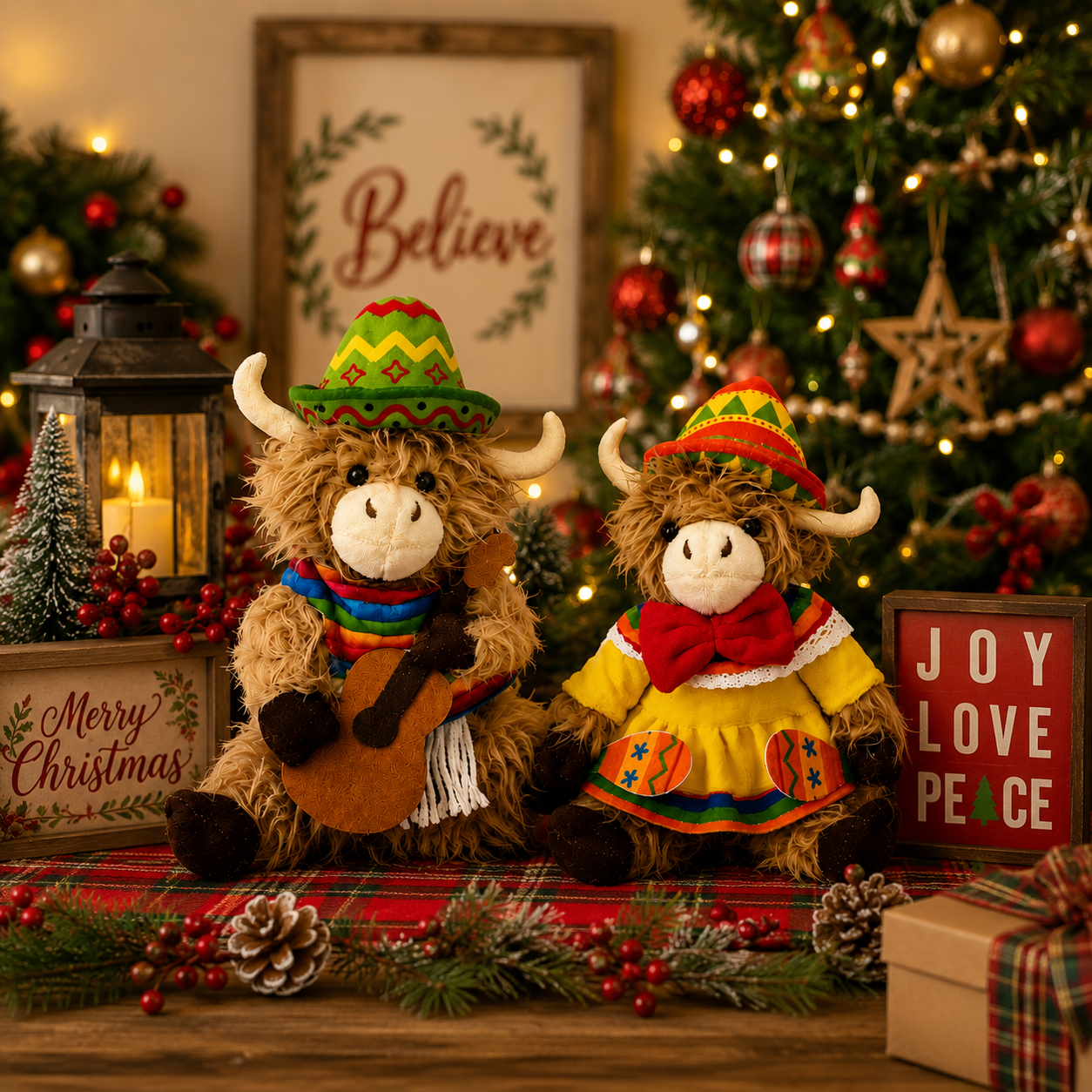 Fiesta Highland Cow Plush Duo – 2-Piece Western Music Farmhouse Decor