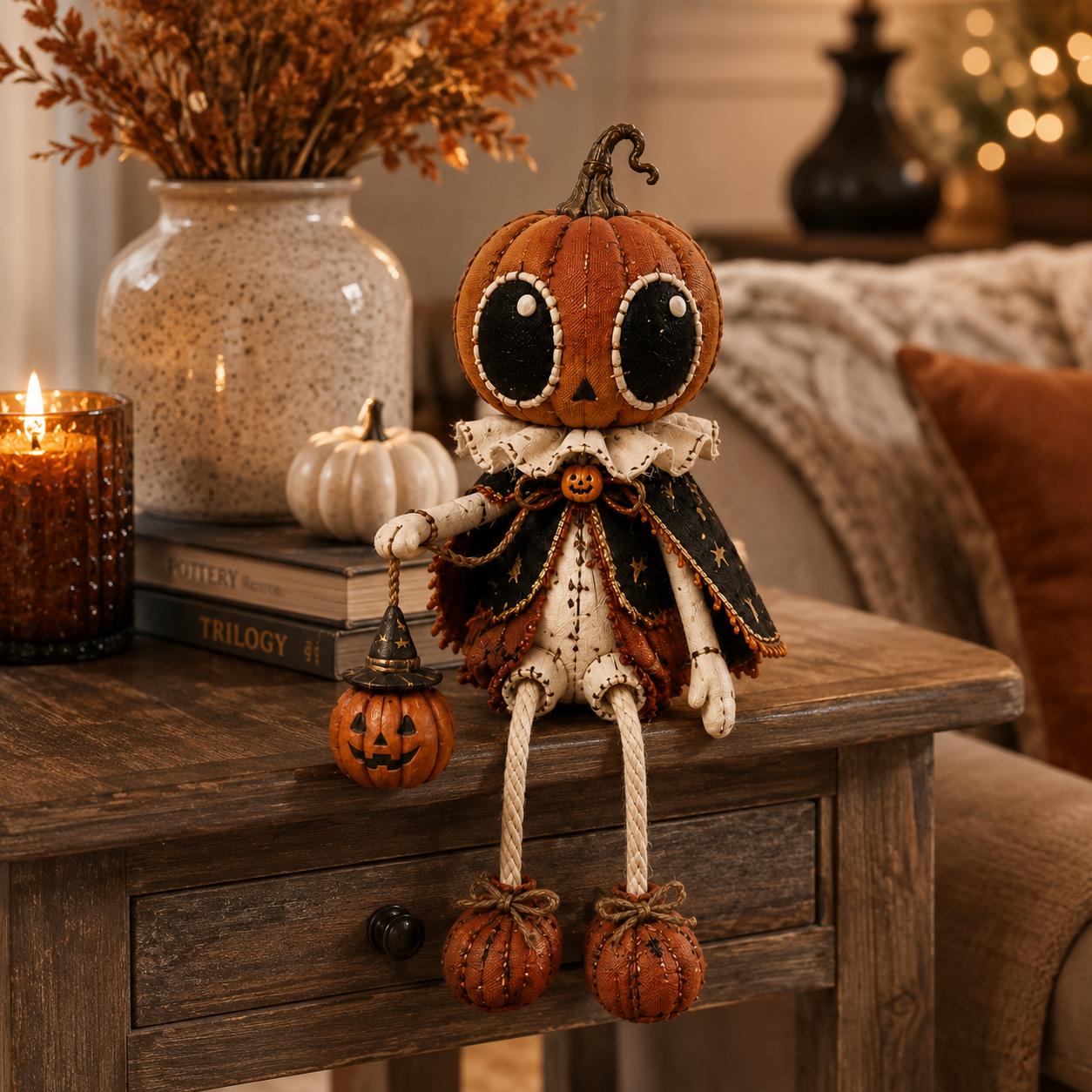 🎃 Vintage Pumpkin Head Dangling Leg Halloween Doll