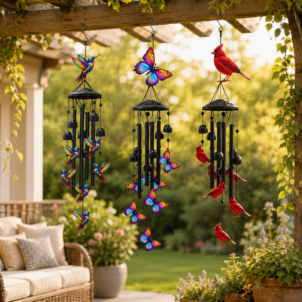 Outdoor Wind Chimes with Colorful Birds & Butterflies