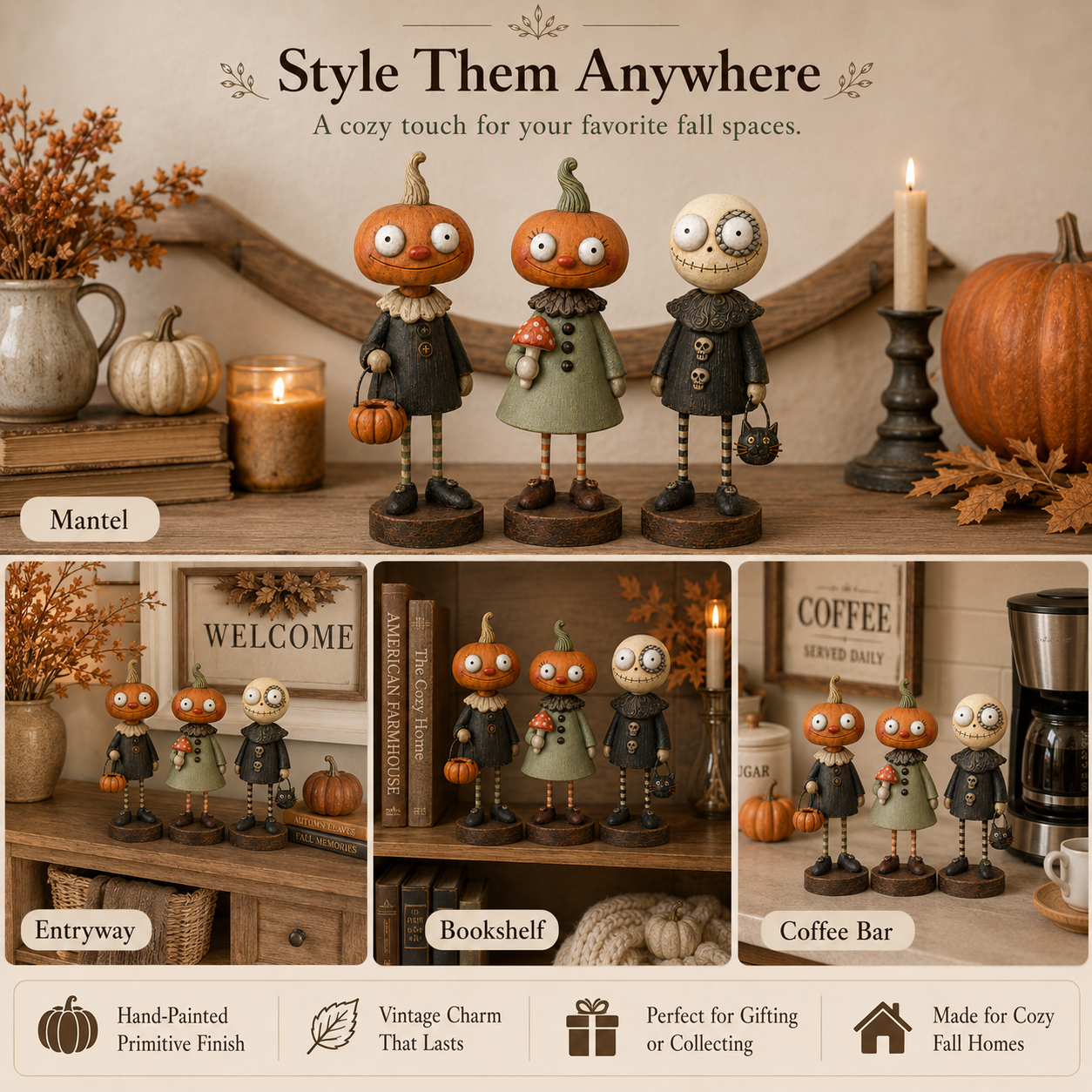Primitive Pumpkin Friends 3-Piece Set – Vintage Halloween Farmhouse Figurine Collection