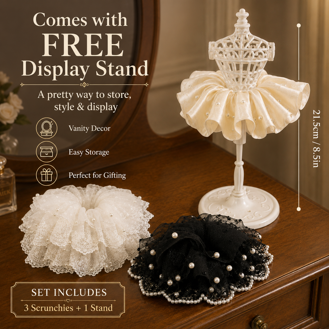 Pearl Lace Hair Scrunchie Trio Set with Display Stand 🎀✨