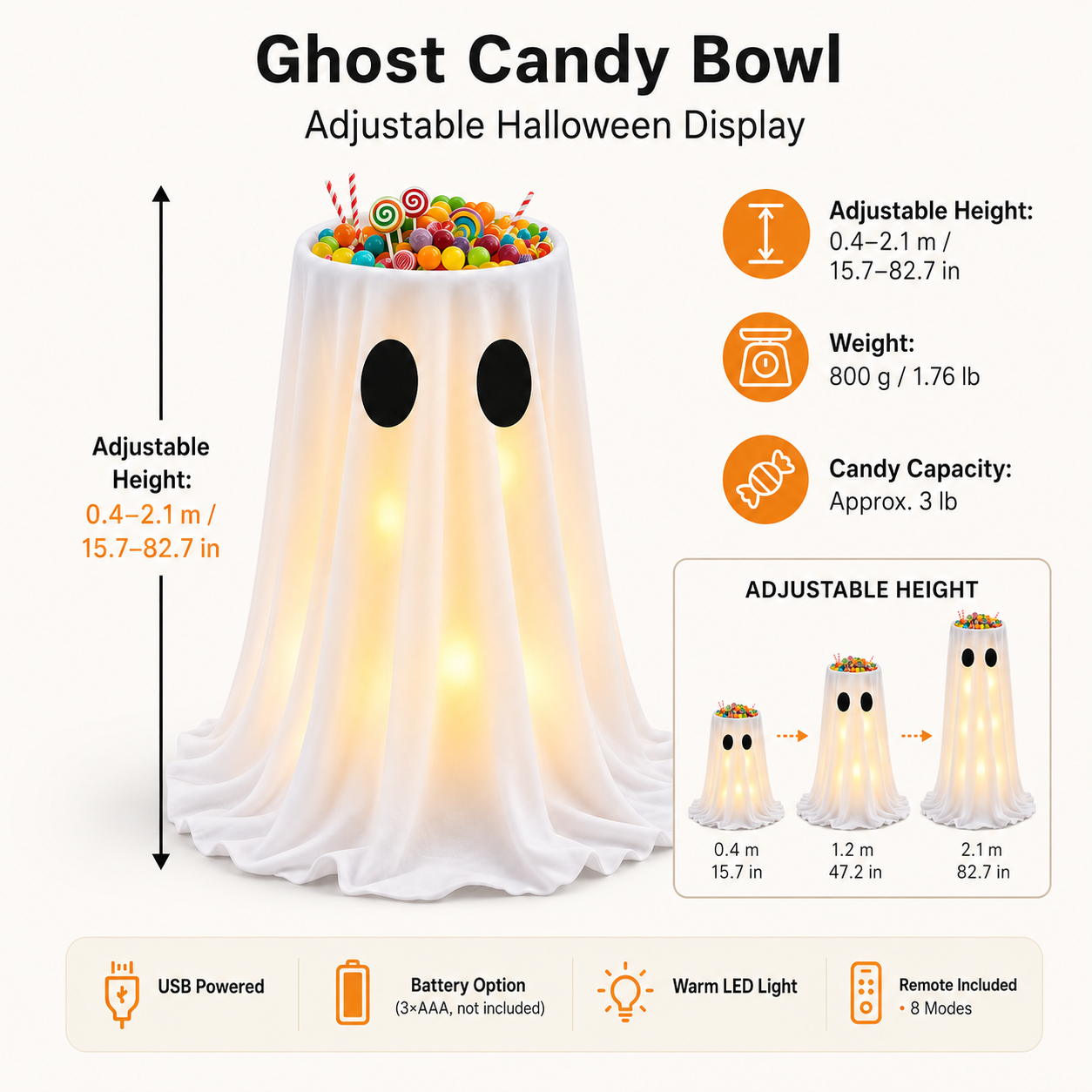 Adjustable Light-Up Ghost Candy Bowl with Remote 👻