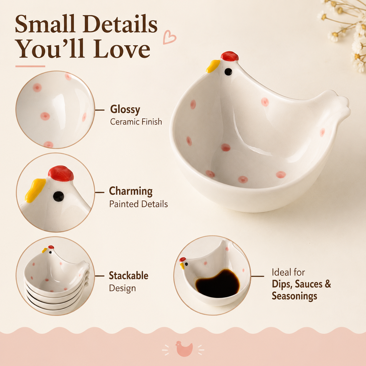 Whimsical Hen Ceramic Dipping Bowls – Set of 4
