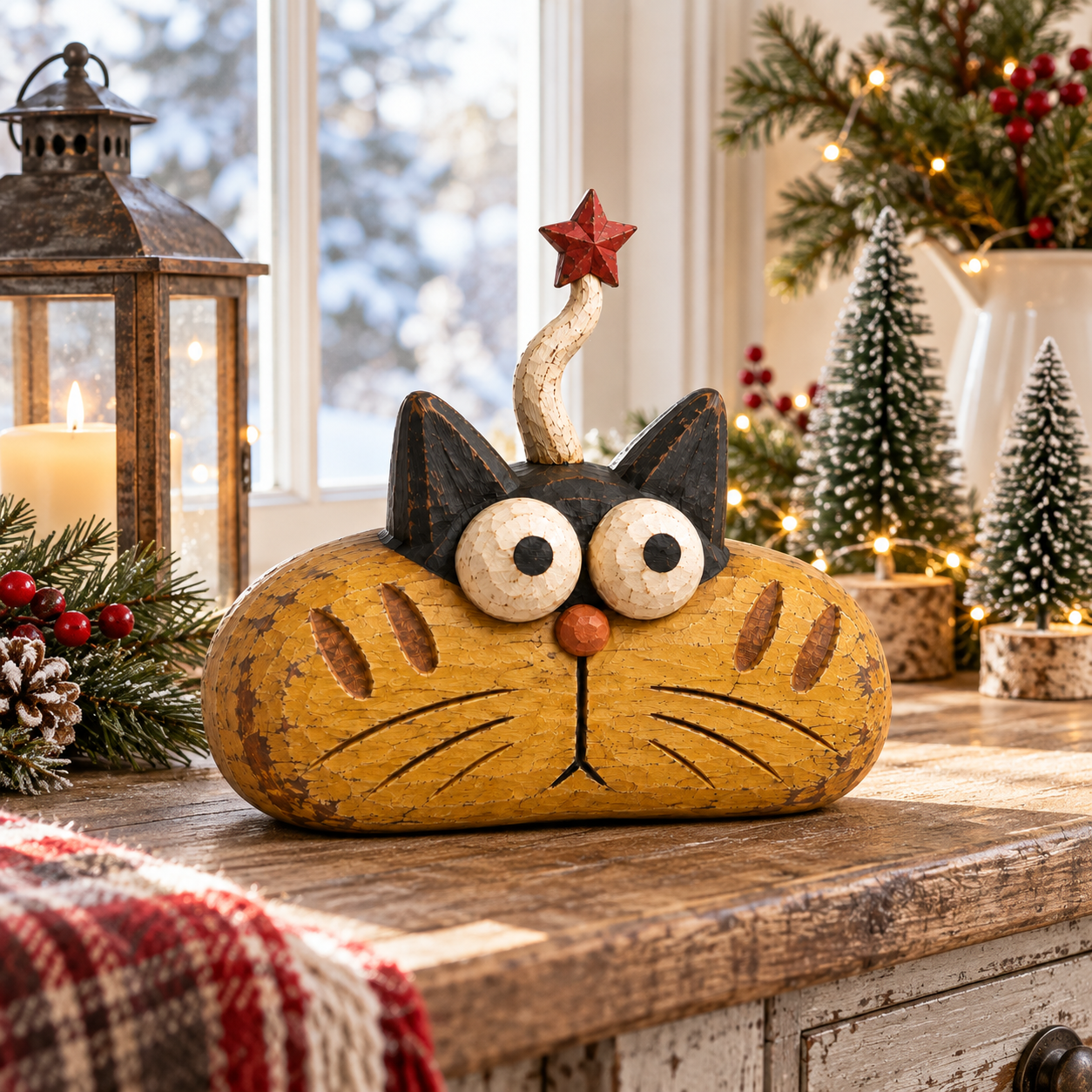 Rustic Christmas Star Cat Figurine
