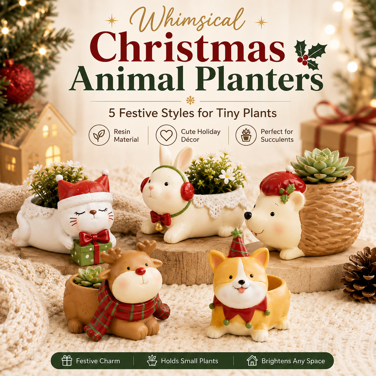 Whimsical Christmas Animal Succulent Planters