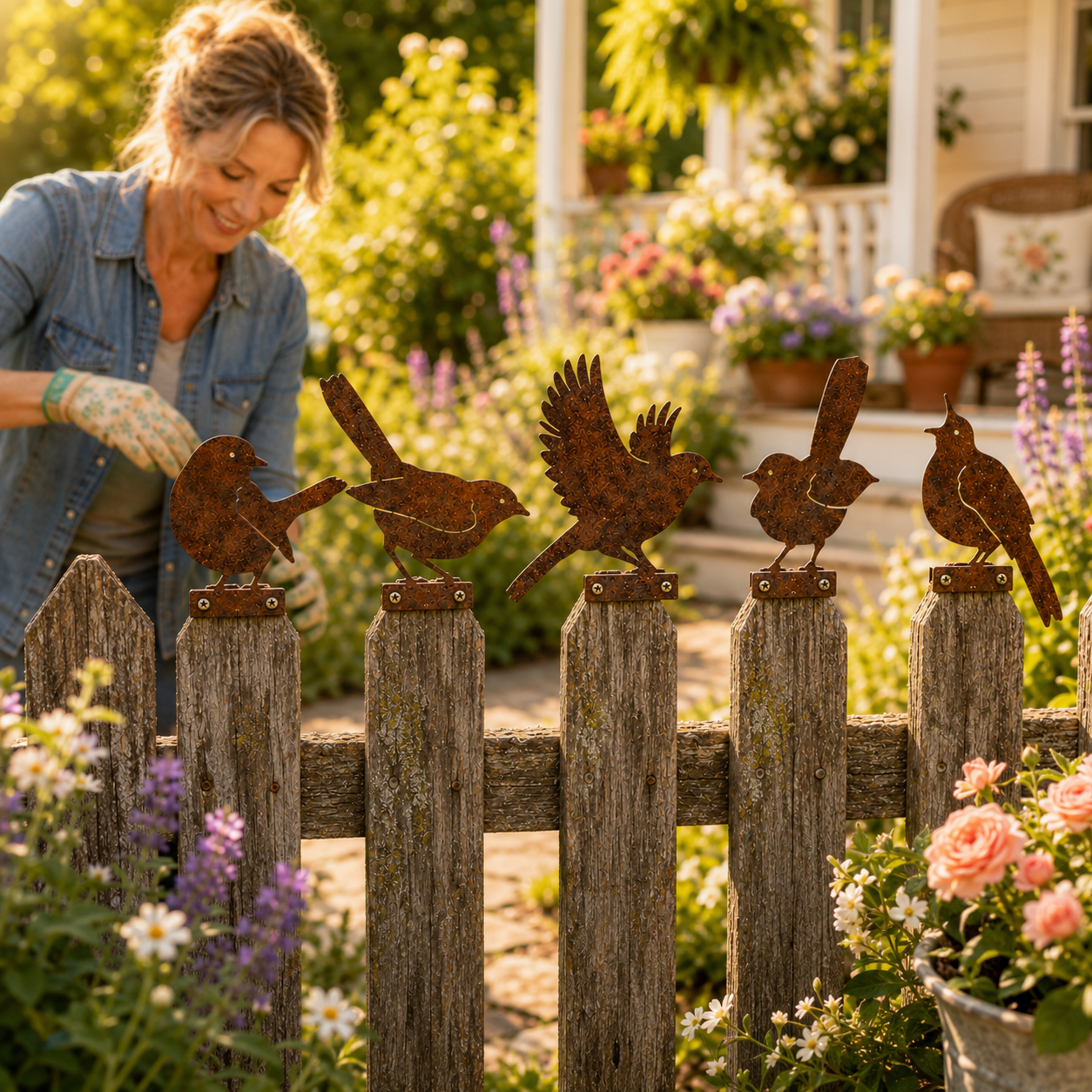 5-Piece Rustic Metal Bird Fence Toppers 