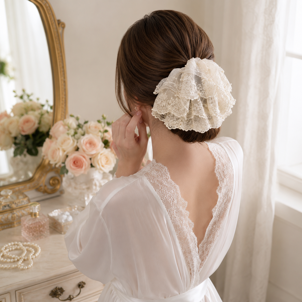 Pearl Lace Hair Scrunchie Trio Set with Display Stand 🎀✨