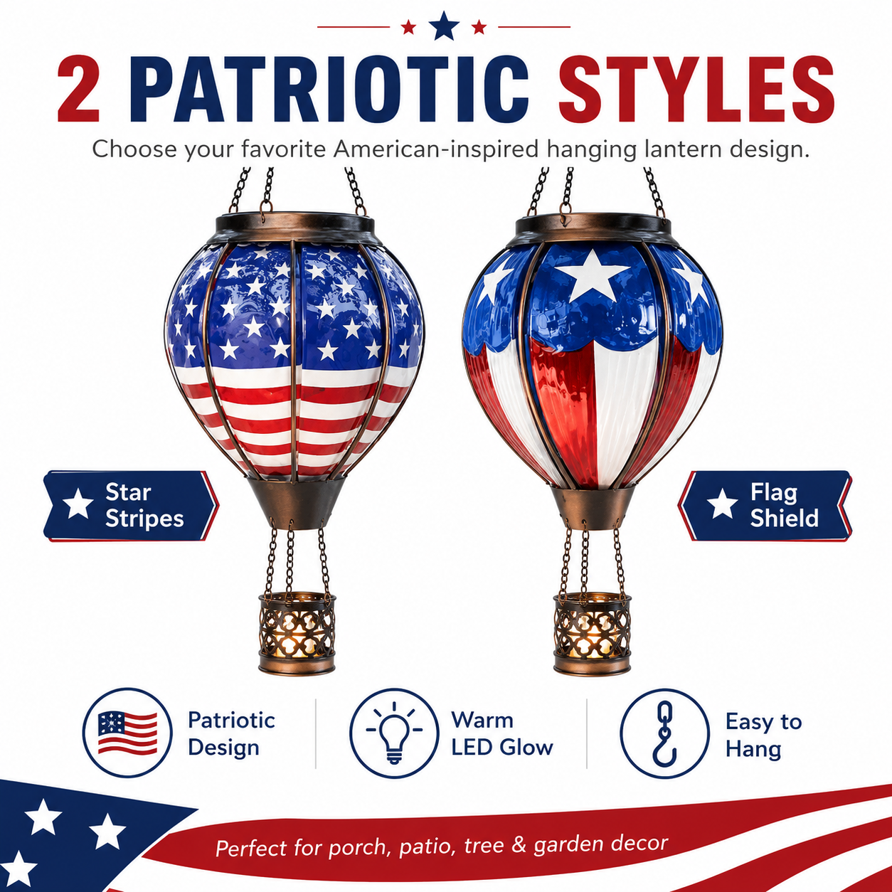 Patriotic Hot Air Balloon Solar Hanging Lantern