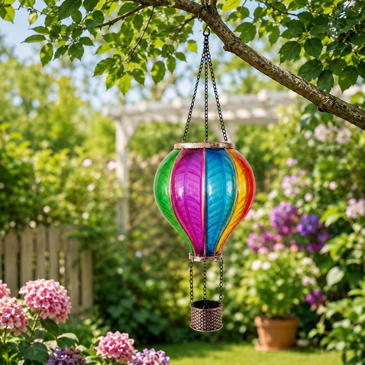 Solar Hot Air Balloon Hanging Lantern, Colorful Stained Glass Style Outdoor Solar Garden