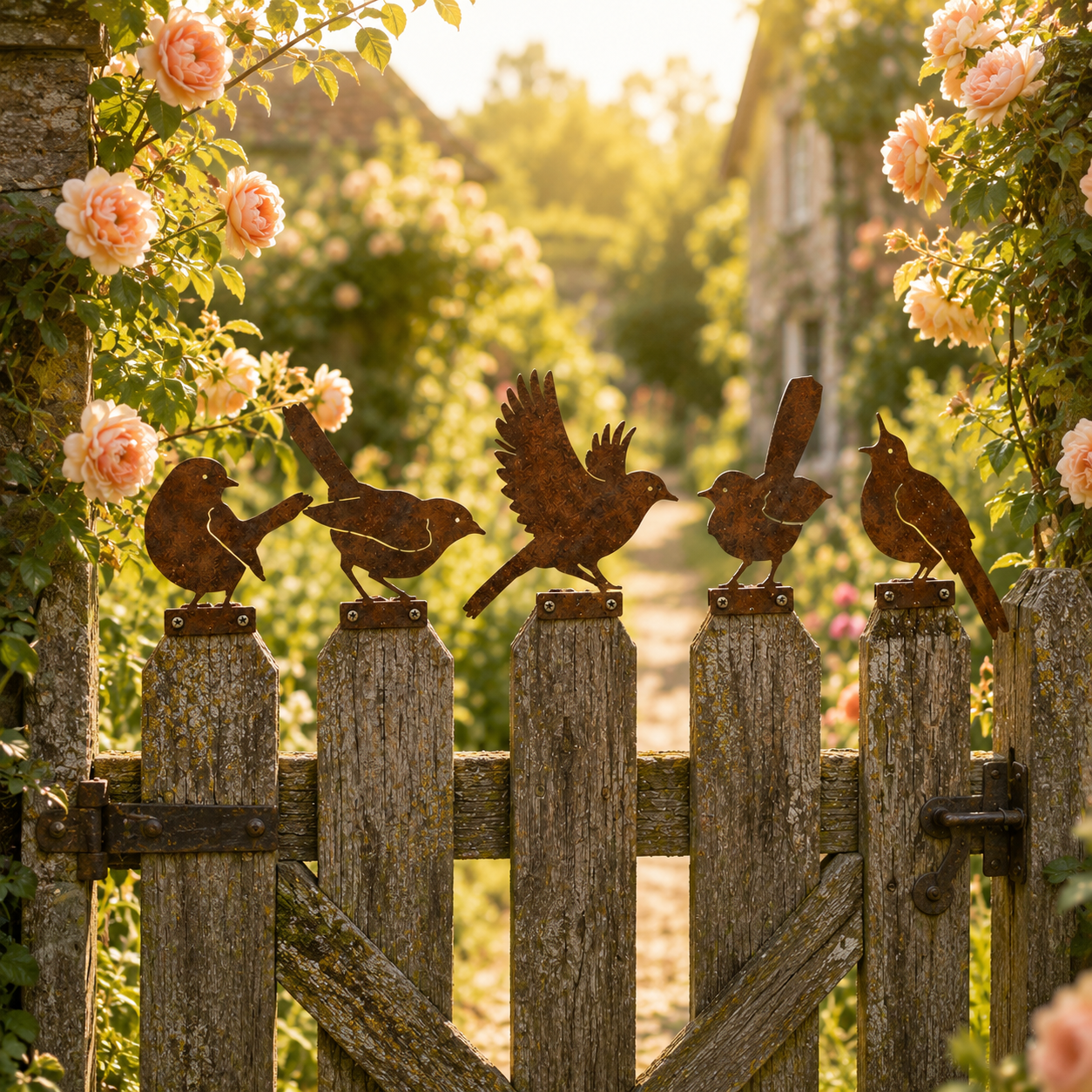 5-Piece Rustic Metal Bird Fence Toppers 