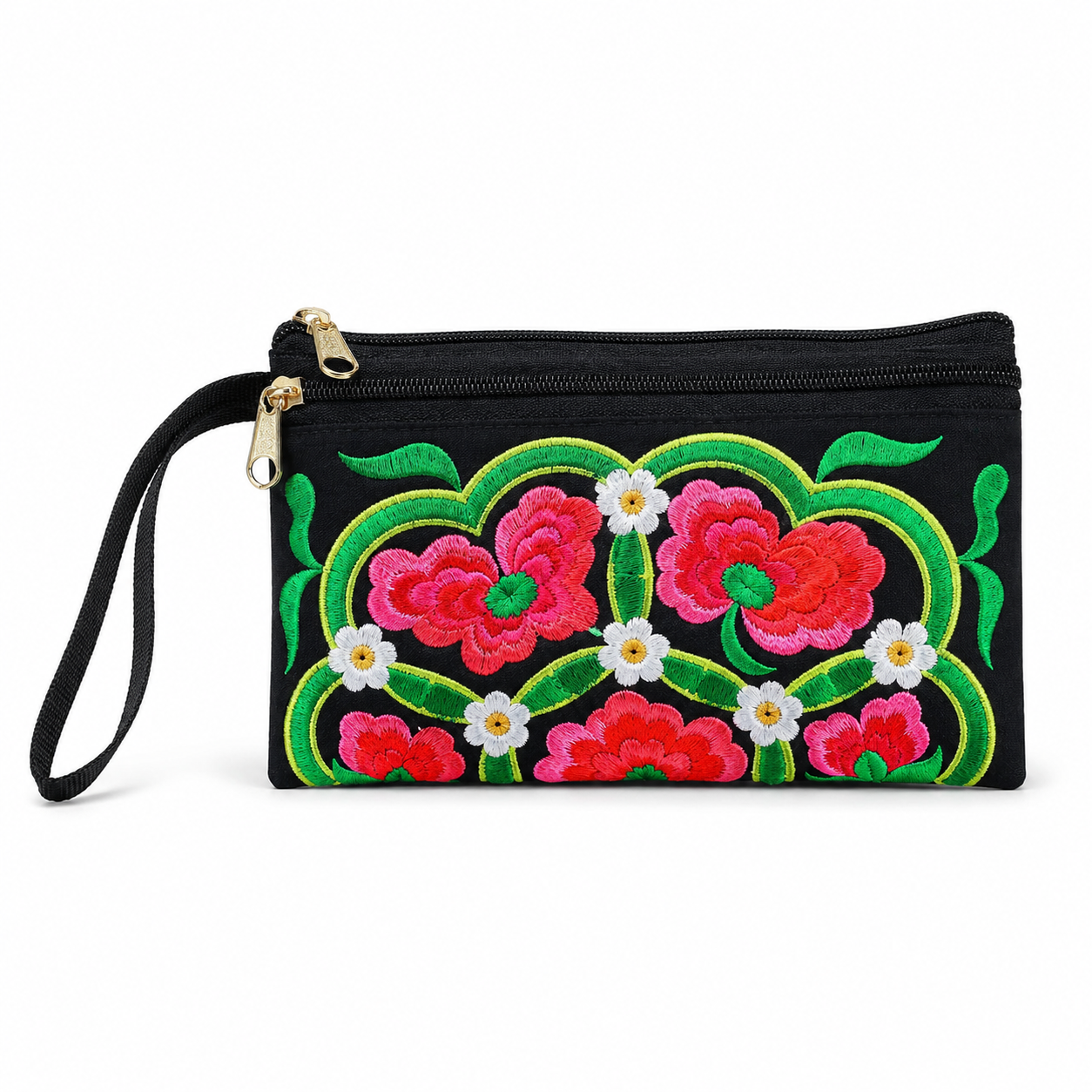 Embroidered Ethnic Style Wristlet Handbag, Double Zipper Floral Phone Purse