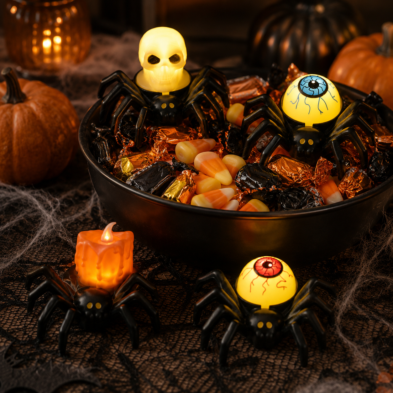 4-Pack Light-Up Spider Halloween Bracelets & Table Decor Set