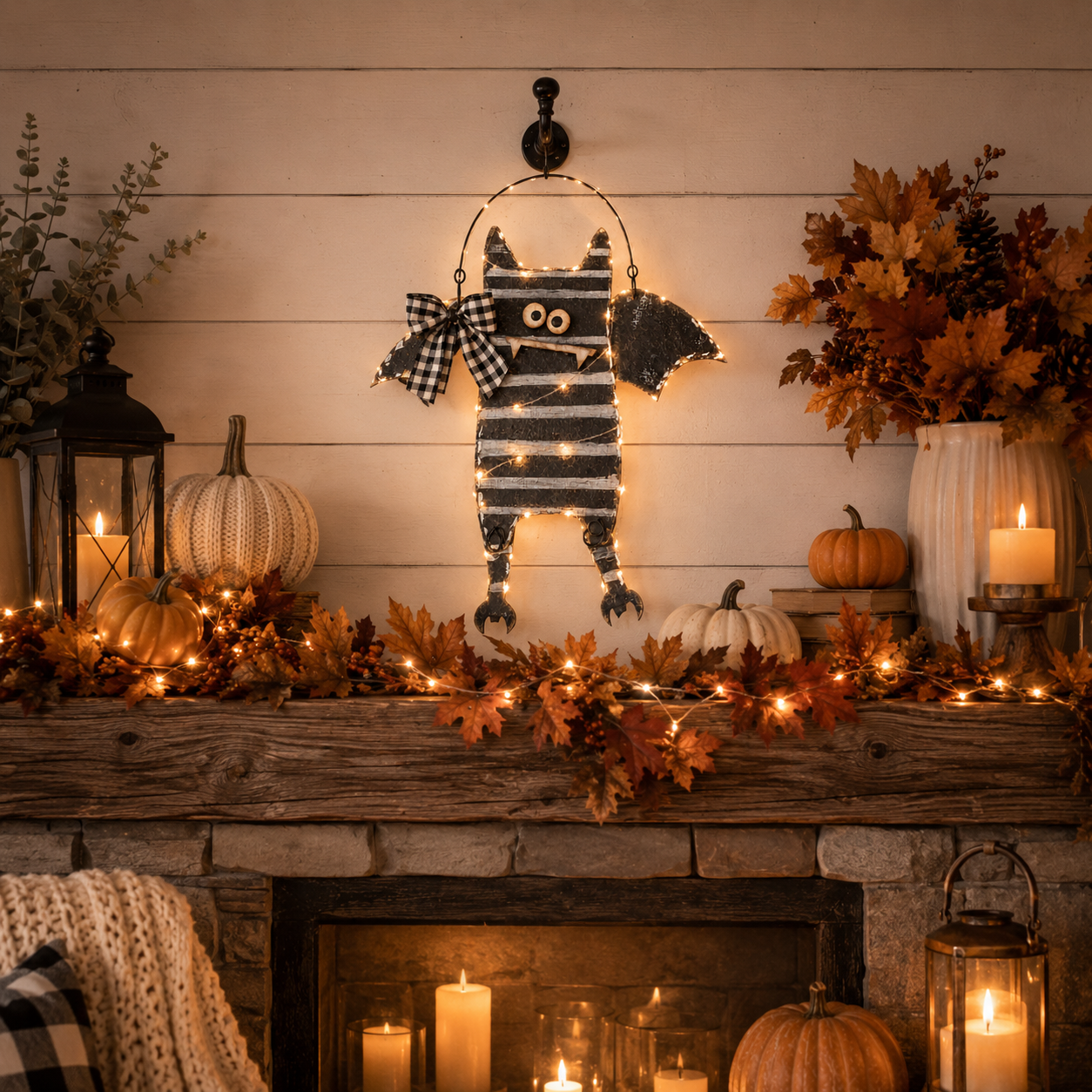Lighted Rustic Bat Hanging Decor with Remote Control