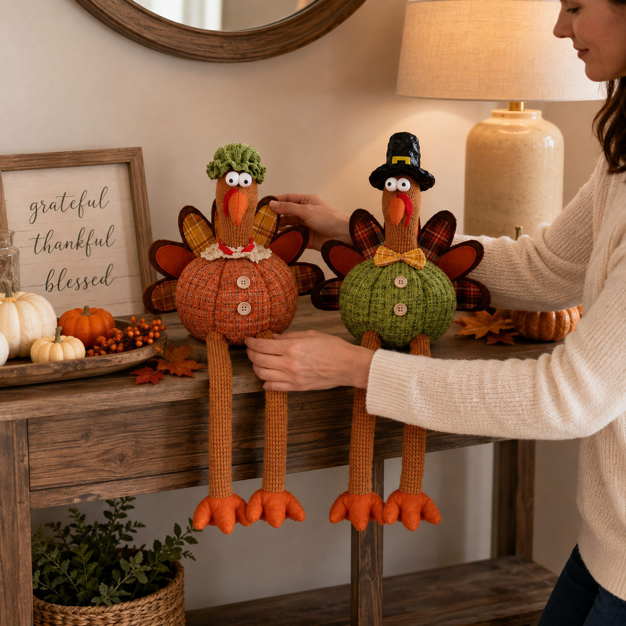 Whimsical Harvest Turkey Couple Shelf Sitters – Set of 2