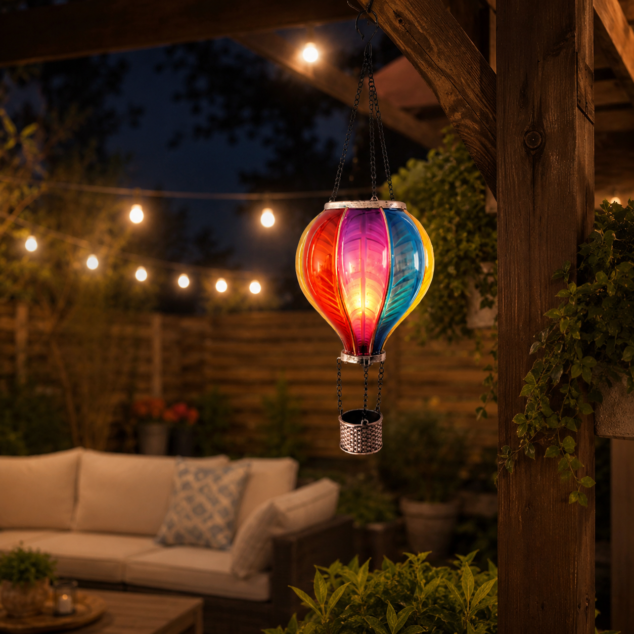 Solar Hot Air Balloon Hanging Lantern, Colorful Stained Glass Style Outdoor Solar Garden