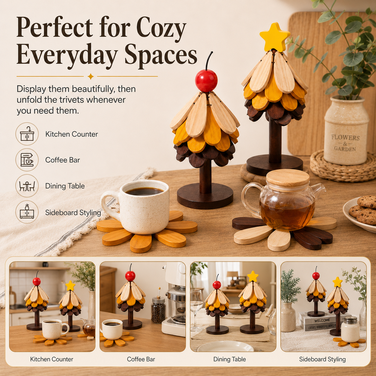 2-in-1 Wooden Trivet Tree Set – 5 Fold-Out Heat Pads 🌳