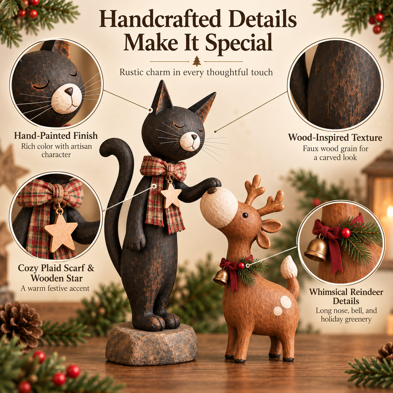 Whimsical Christmas Cat & Reindeer Figurine Set