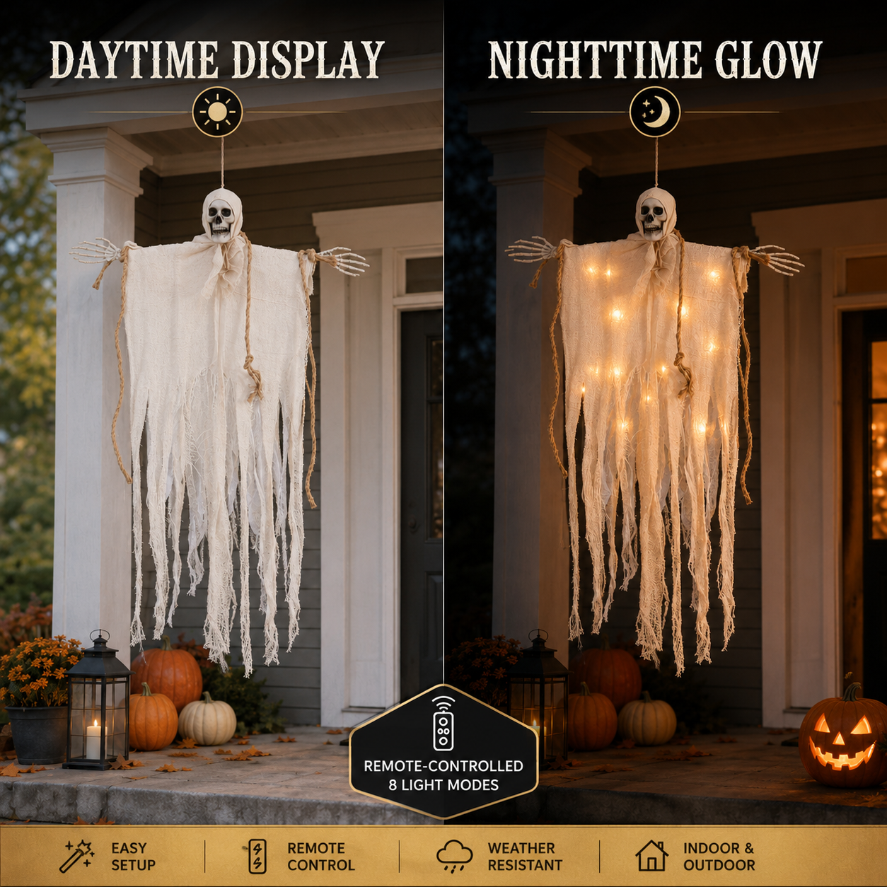 29.5" Light-Up Hanging Skeleton Ghost with Remote