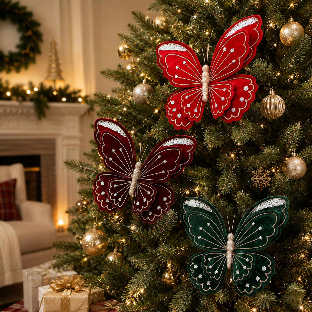 3-Piece Velvet Butterfly Christmas Decorations - 15.8 × 13.8 in