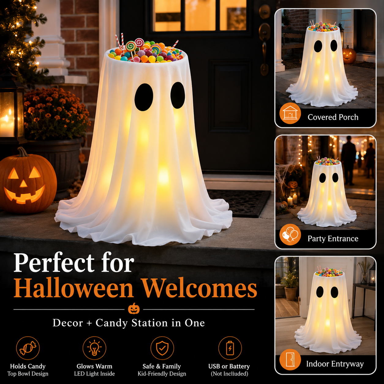 Adjustable Light-Up Ghost Candy Bowl with Remote 👻