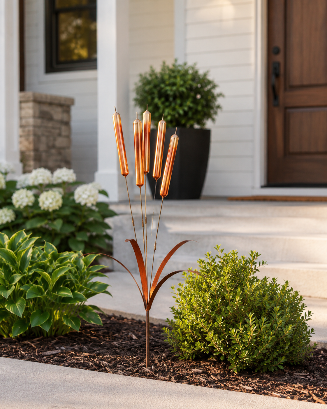 Copper Cattail Wind Chimes Metal Garden Stake Decor, 20 Inch Realistic Outdoor Yard Art