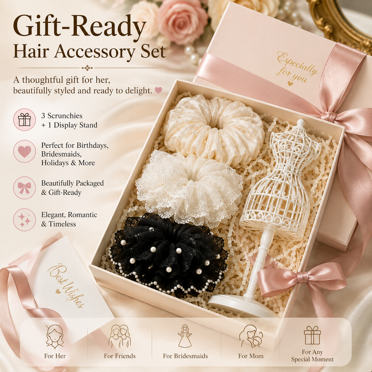 Pearl Lace Hair Scrunchie Trio Set with Display Stand 🎀✨