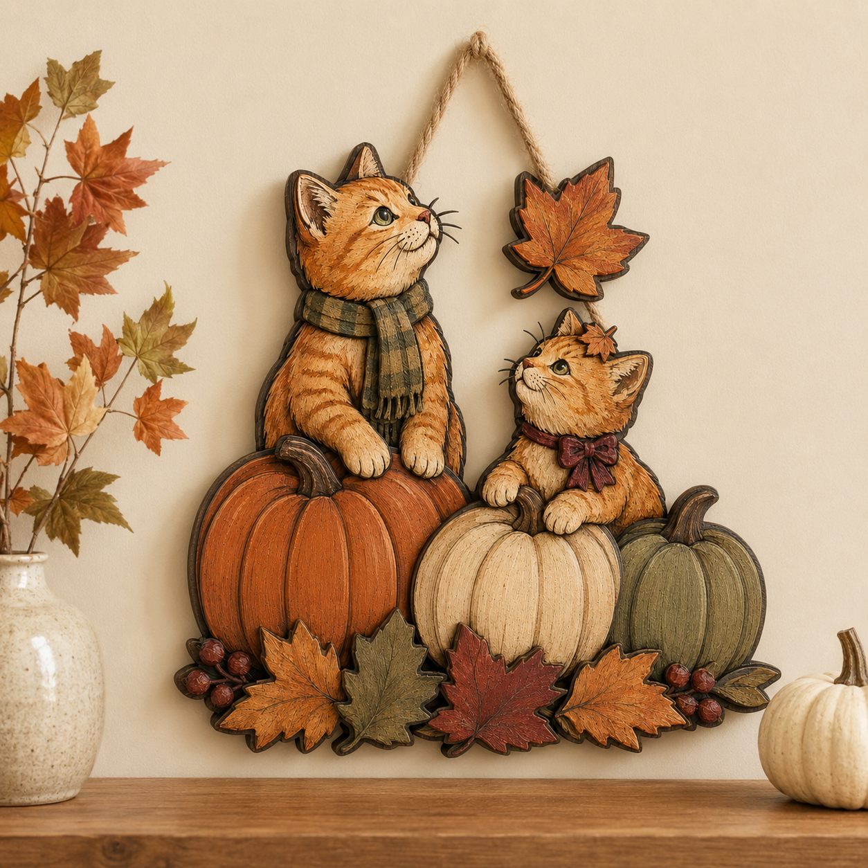 Autumn Whiskers Cat & Pumpkin Wooden Hanging Decor