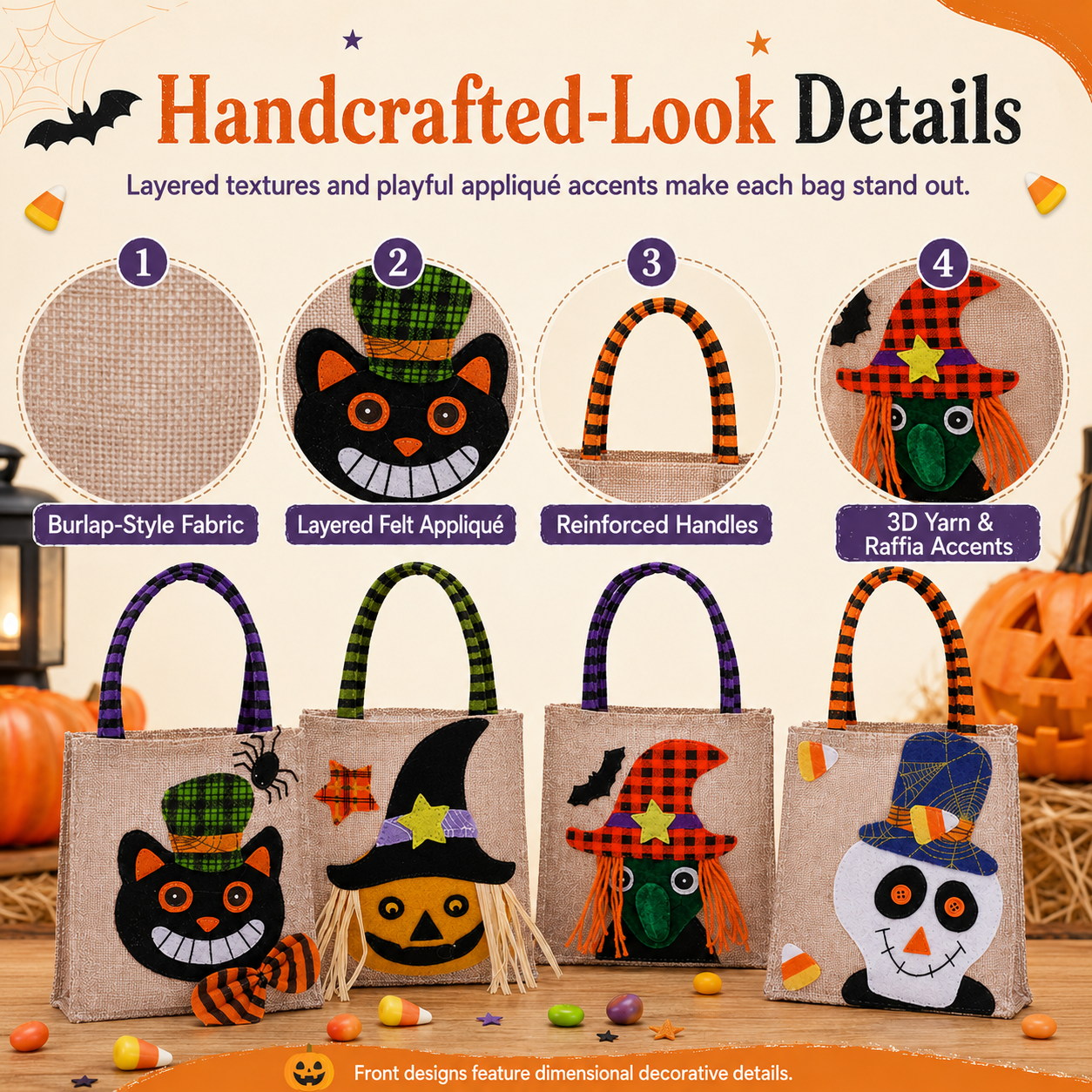 🎃 Whimsical Halloween Trick-or-Treat Bags – Set of 4