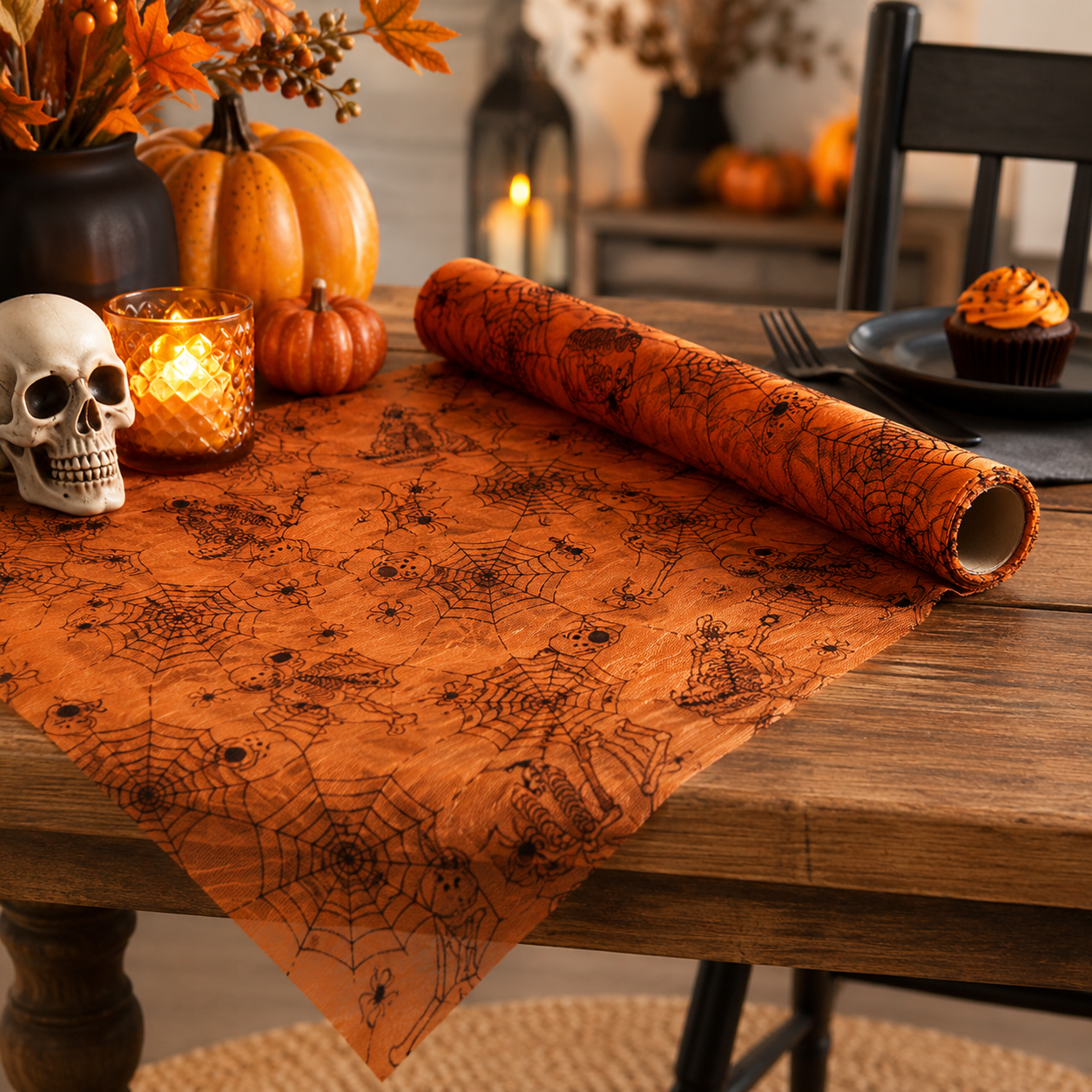 🎃 Halloween Sheer Table Runner Roll Spider Web & Bat Mesh Decor for Party Tables