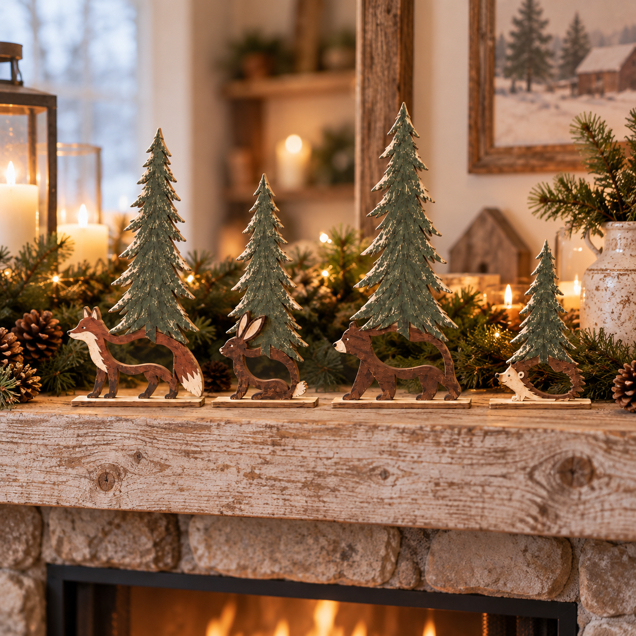 Woodland Christmas Forest Friends Set - 4 Piece Rustic Wooden Animal Tree Decor