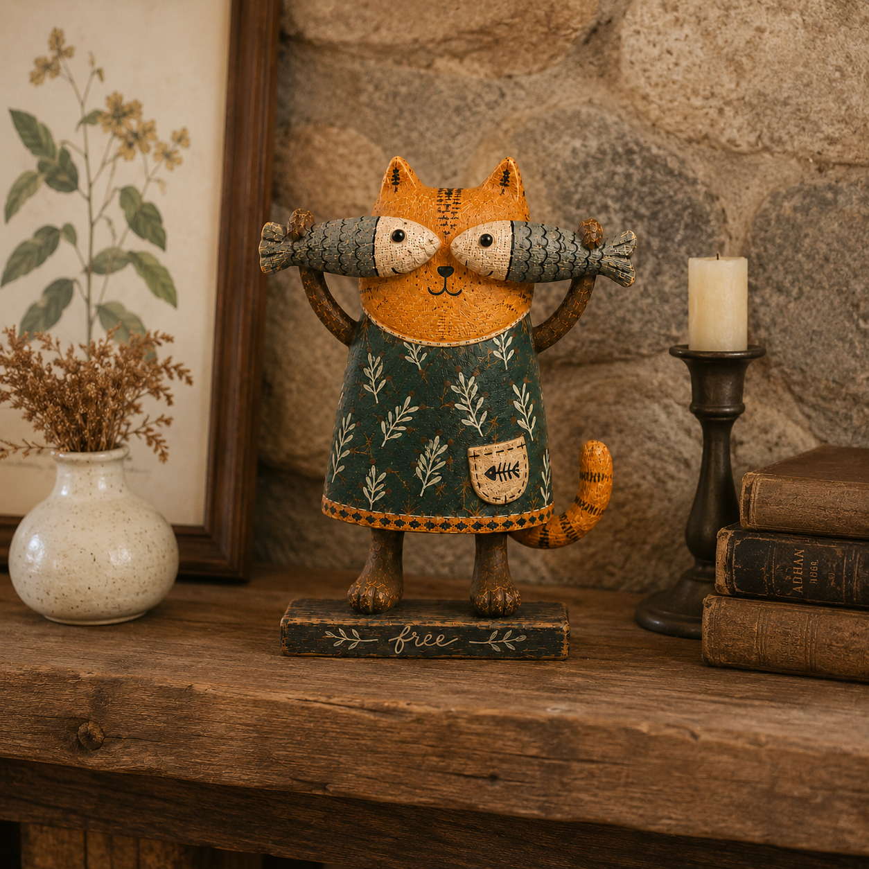 Free Spirit Cat with Fish Wooden Figurine