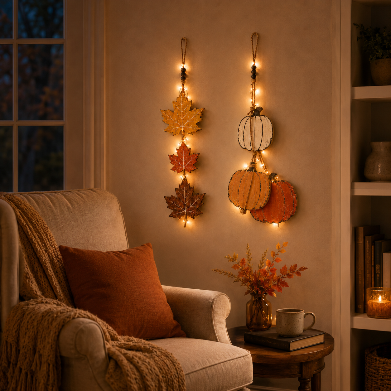 23.6 in Lighted Fall Wooden Hanging Decor Set – Maple Leaves & Pumpkins