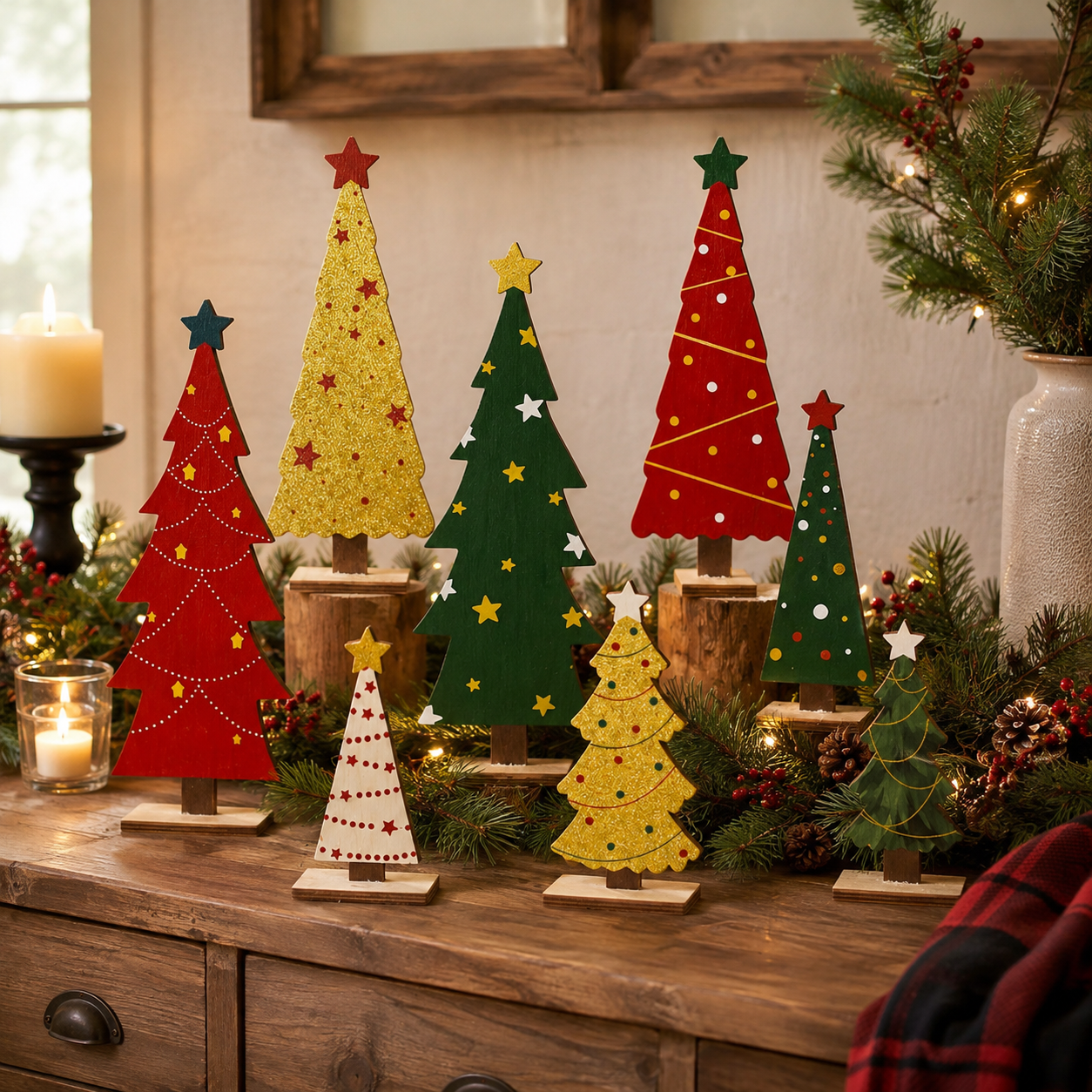 8-Piece Rustic Wooden Christmas Tree Decor Set