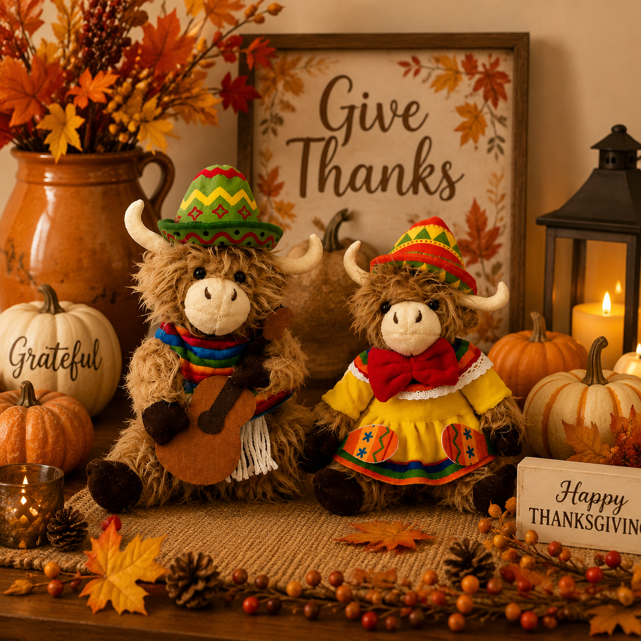 Fiesta Highland Cow Plush Duo – 2-Piece Western Music Farmhouse Decor