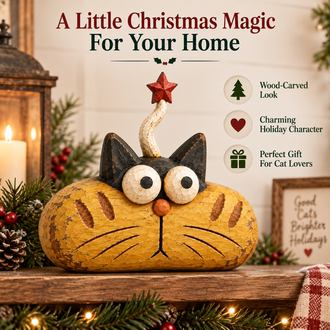 Rustic Christmas Star Cat Figurine