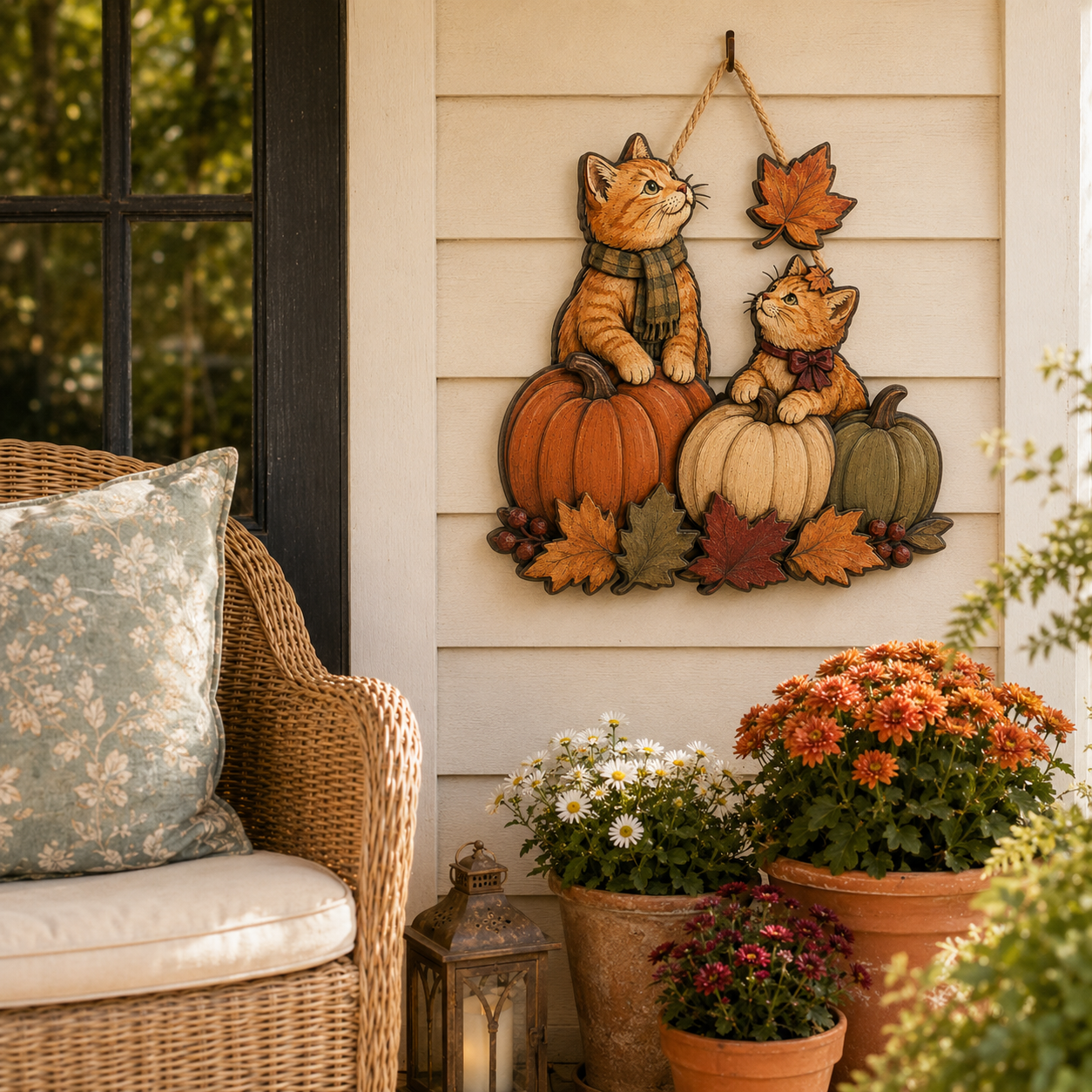 Autumn Whiskers Cat & Pumpkin Wooden Hanging Decor