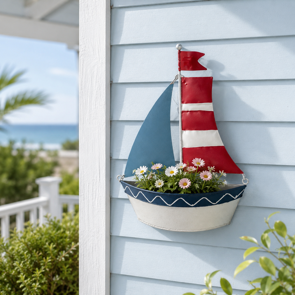 Coastal Sailboat Metal Wall Planter – Nautical Hanging Flower Basket⛵