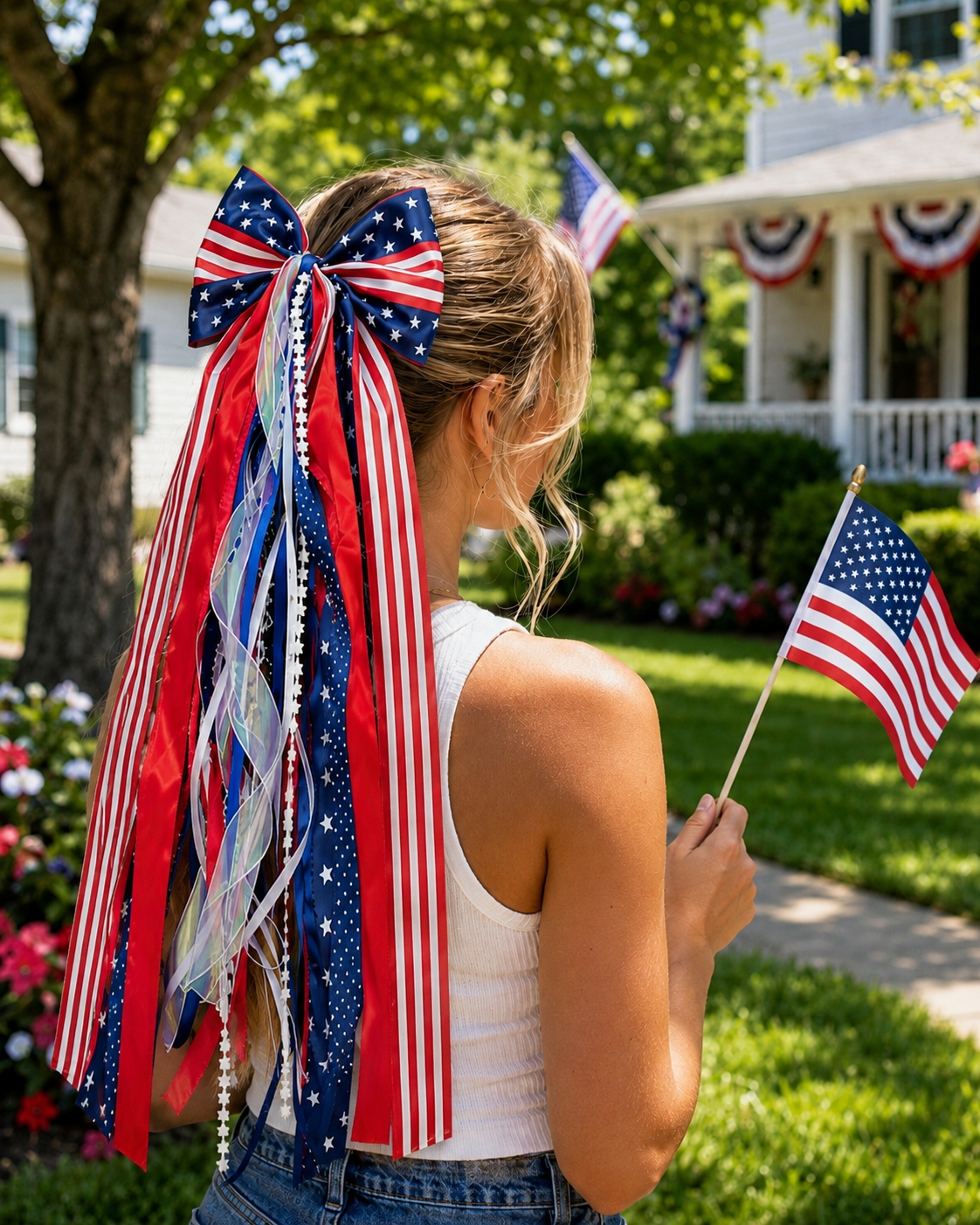 Red White Blue Hanging Ribbon Bow Decoration