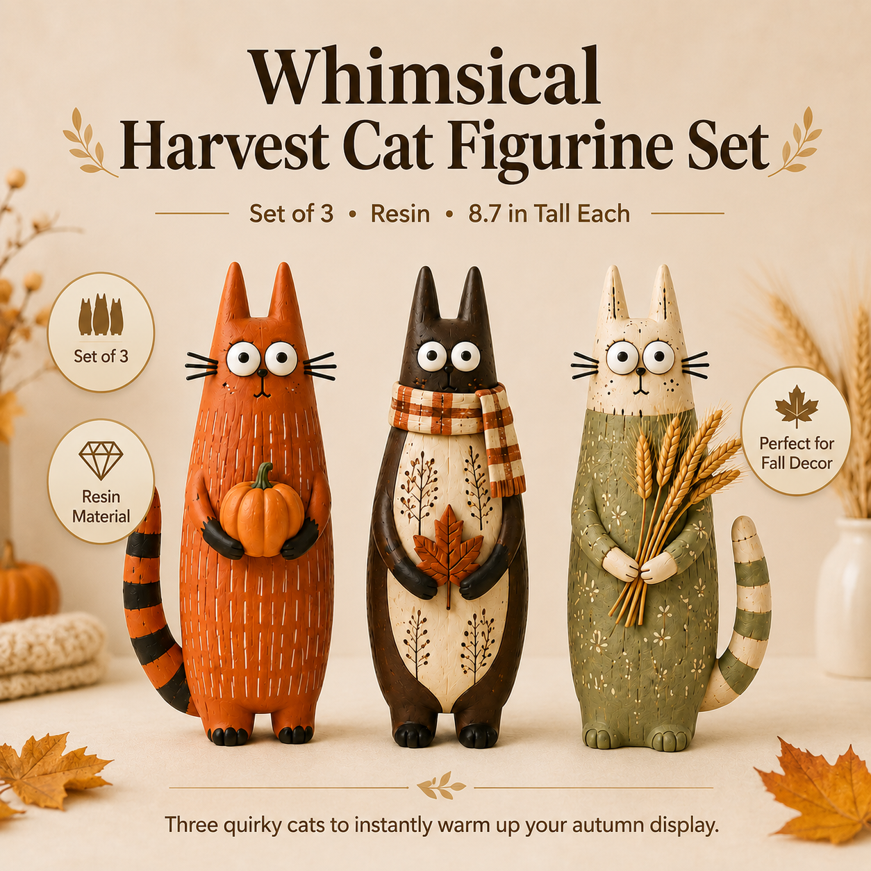 Whimsical Harvest Cat Figurine Set – Set of 3